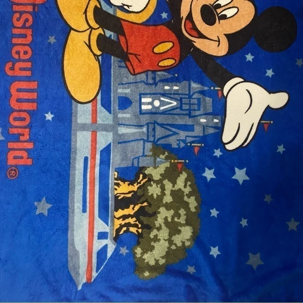 Vintage Walt Disney World Fleece Blanket Mickey Mouse Epcot Animal Kingdom Blue